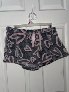NOBO Gray Plush Lounge Shorts with Pink Heart Print